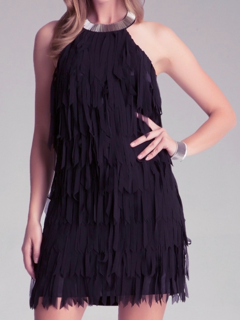 Bebe Black Fringe Halter Neck A-line Sleeveless Mini Dress SZ L